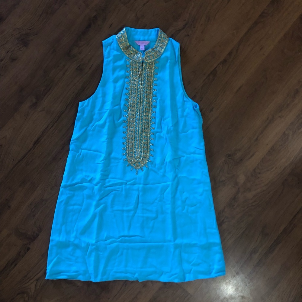 Lilly Pulitzer light blue and gold shift dress